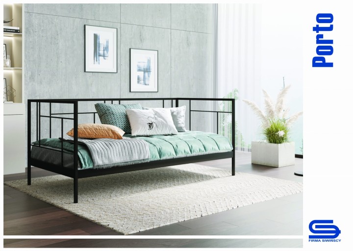 sofa metalowa czarna zaścielona w pokoju - wizualizacja Porto