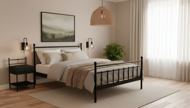 szafka nocna metalowa czarna z szufladą oraz przykładowe łóżko - wizualizacja