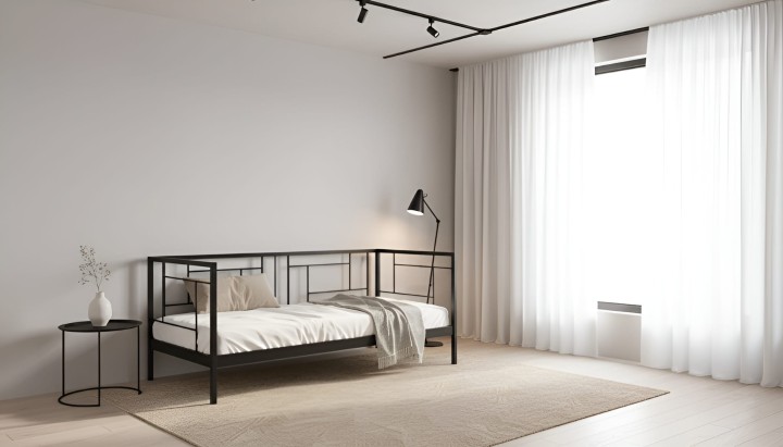 sofa metalowa czarna z poduszką w pokoju - wizualizacja Porto