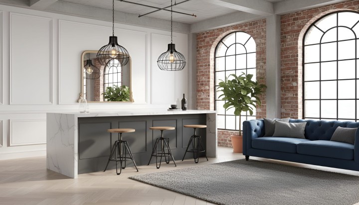 krzesło barowe metalowe czarne z drewnianym blatem z regulacją w pomieszczeniu - wiuzalizacja Tolin I