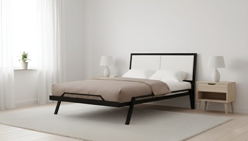 łóżko metalowe zaścielone w pokoju czarny stelaż  jasny zagłówek Oliwia - wizualizacja 2.png