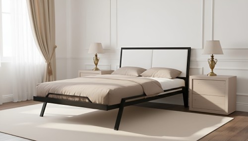 łóżko metalowe zaścielone w pokoju czarny stelaż  jasny zagłówek Oliwia - wizualizacja.png