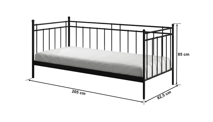 sofa metalowa czarna z materacem na białym tle wymiary - Roma