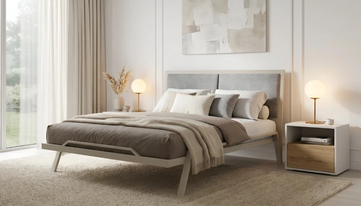 łóżko Oliwia kaszmir RAL DESIGN 0757010; poduchy lumi97 - wizualizacja