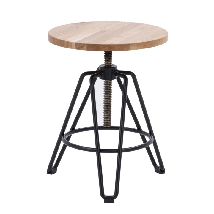 krzesło barowe metalowe czarne z drewnianym blatem z regulacją na białym tle -Tolin I