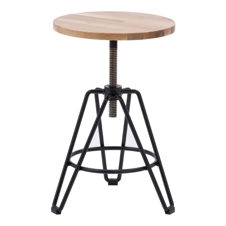 krzesło barowe metalowe czarne z drewnianym blatem z regulacją na białym tle -Tolin I