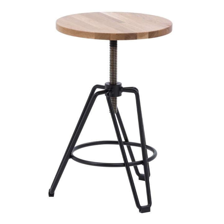 krzesło barowe metalowe czarne z drewnianym blatem z regulacją na białym tle -Tolin I